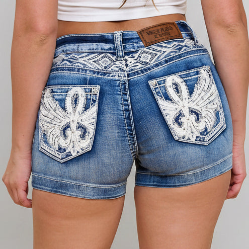 Westfield Eagle Women’s Embroidered Stretchy Denim Shorts. Low Rise Studded Shorts with Rhinestones-6