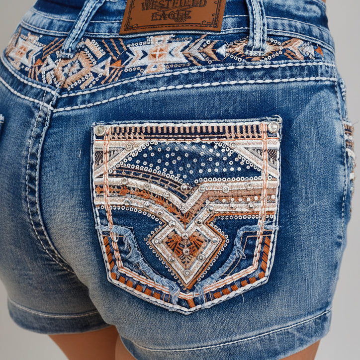 Westfield Eagle Women’s Embroidered Stretchy Denim Shorts. Low Rise Rhinestone & Sequin-4