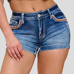 Westfield Eagle Women’s Embroidered Stretchy Denim Shorts. Low Rise Rhinestone & Sequin-2
