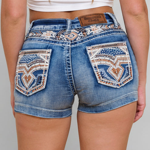 Westfield Eagle Women’s Embroidered Stretchy Denim Shorts. Low Rise Rhinestone & Sequin-6