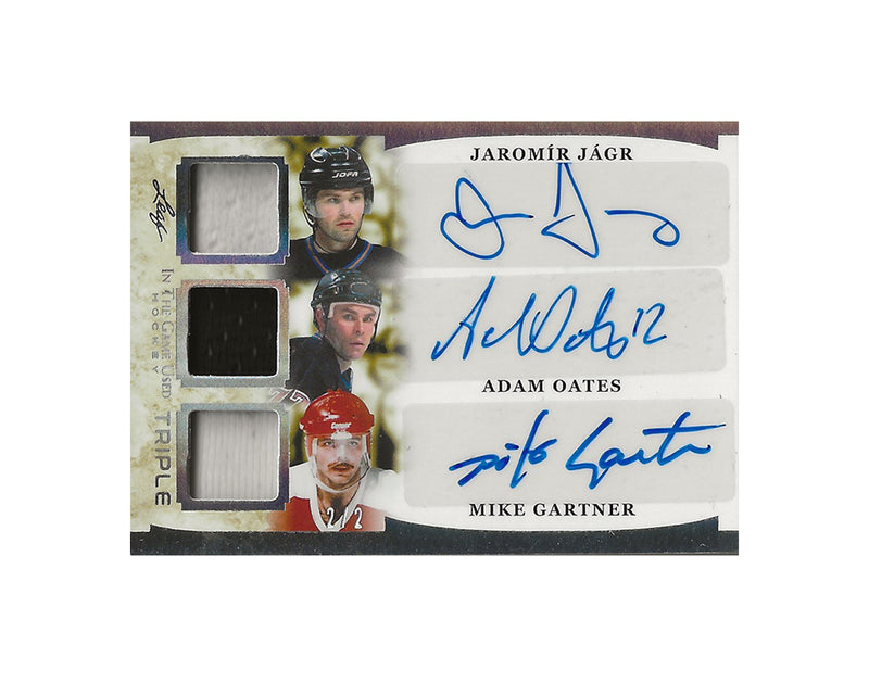 Jaromir Jagr, Adam Oates & Mike Gartner 2023 Leaf In The Game Triple Auto Jersey 2/2 Hockey Card-1