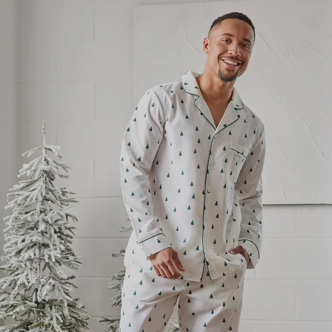 Men 2pc Poplin PJ Set | Pine Tree Print on Off-White | Petit Lem-1