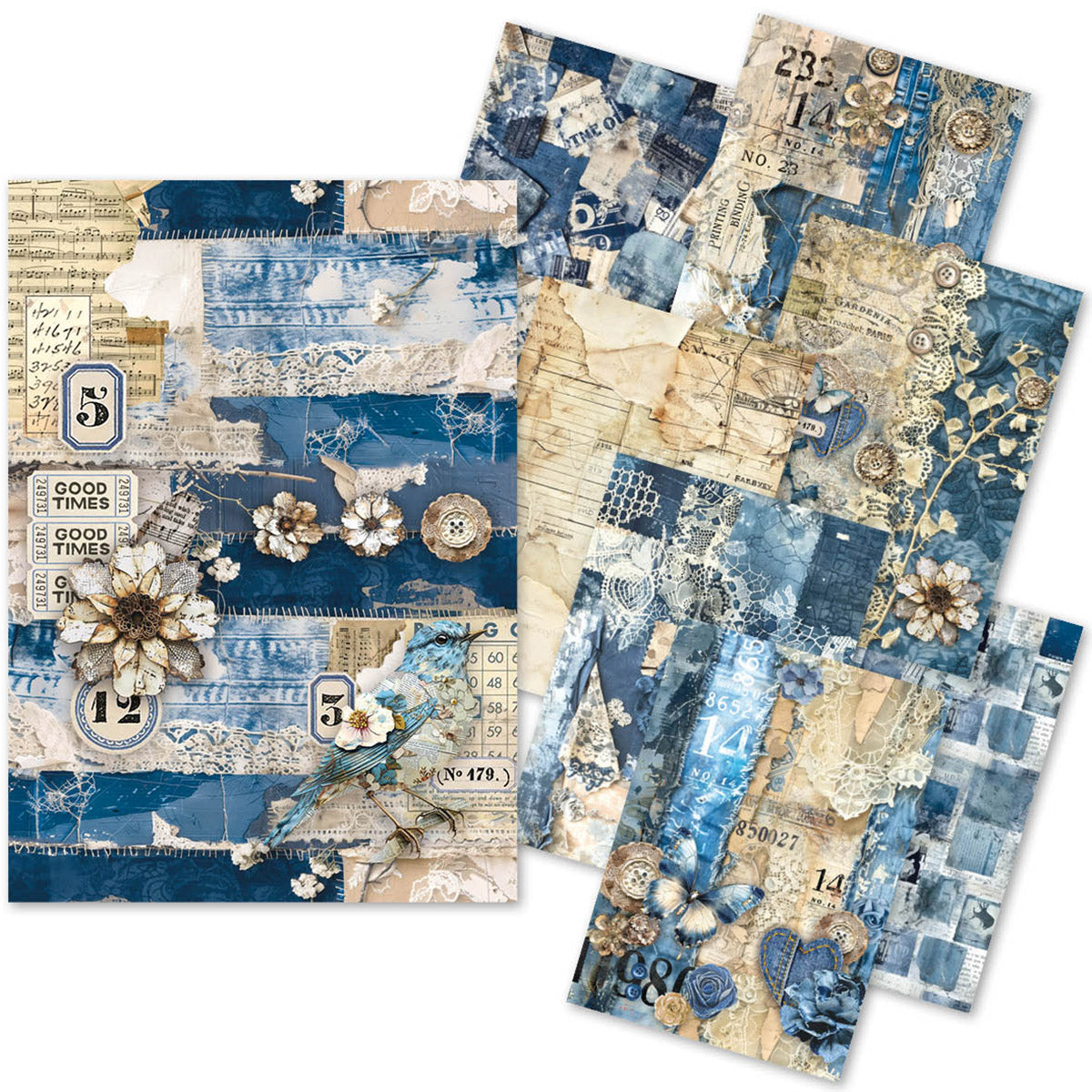 Pack de papier A5 Craftmix Urban Blue Denim mélangé - 8 feuilles (assortiment de papier de soie et de vélin)