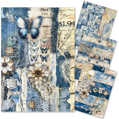 Papier de riz technique mixte A4, lot de 4, motif Urban Blue Denim-1