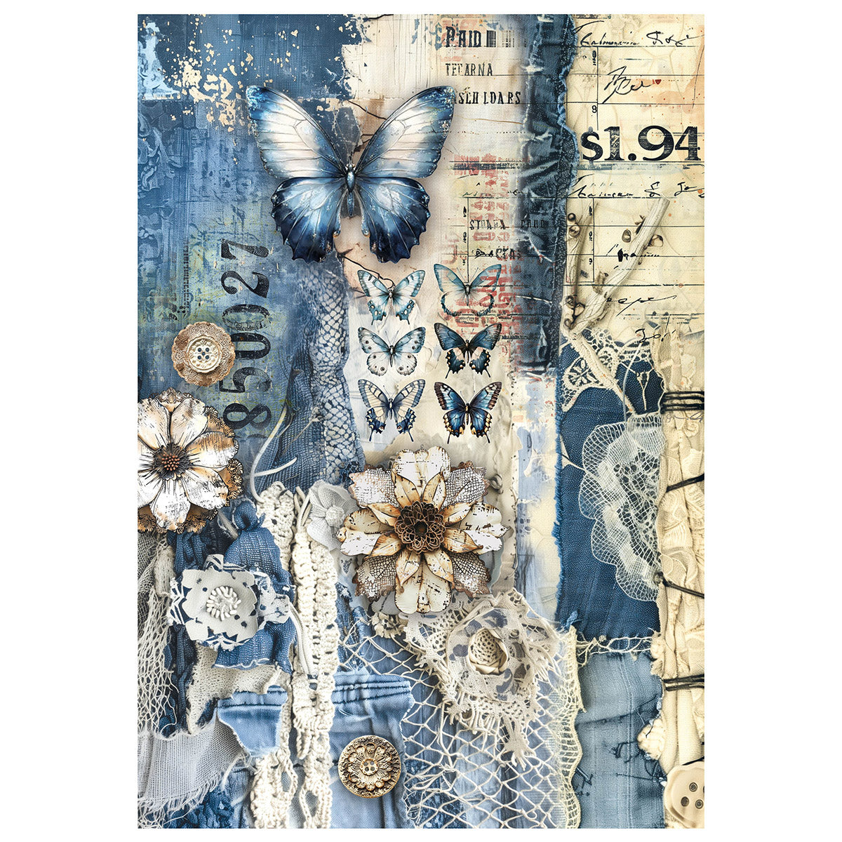Papier de riz technique mixte A4, lot de 4, motif Urban Blue Denim-2
