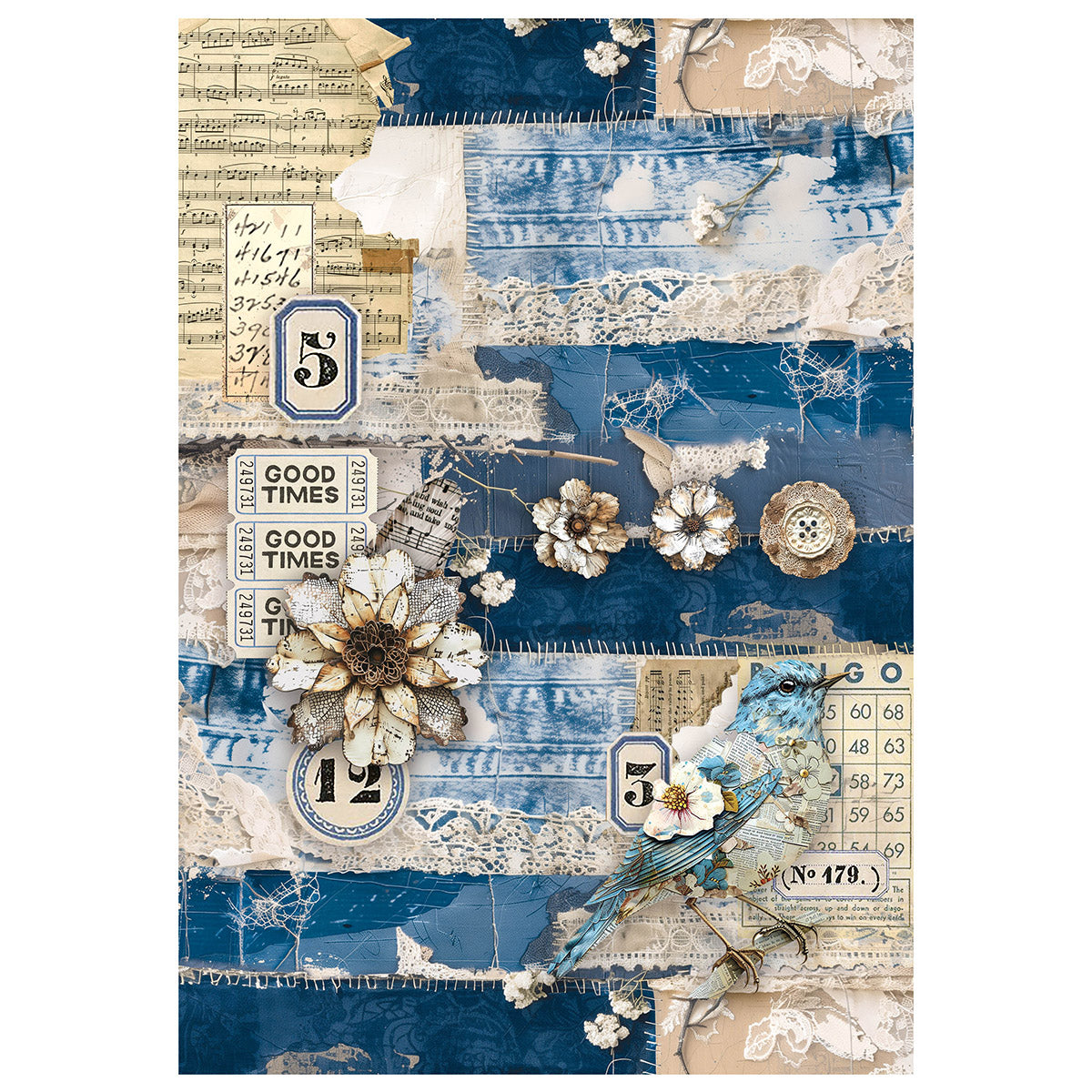 Papier de riz technique mixte A4, lot de 4, motif Urban Blue Denim-4