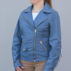 Women's Studded Leather Jacket with Removable Fringe-1