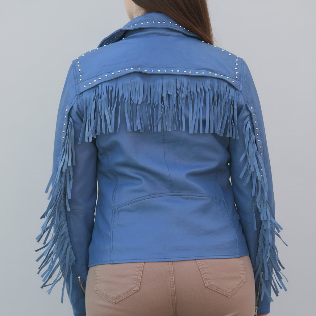 Women's Studded Leather Jacket with Removable Fringe-2