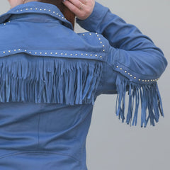 Women's Studded Leather Jacket with Removable Fringe-3