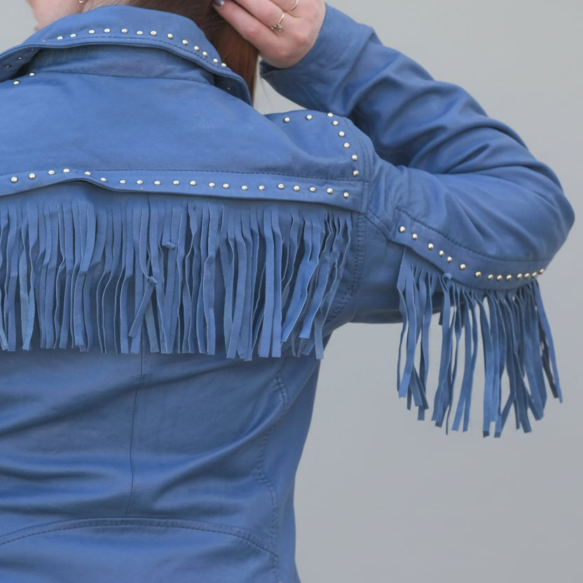 Women's Studded Leather Jacket with Removable Fringe-3