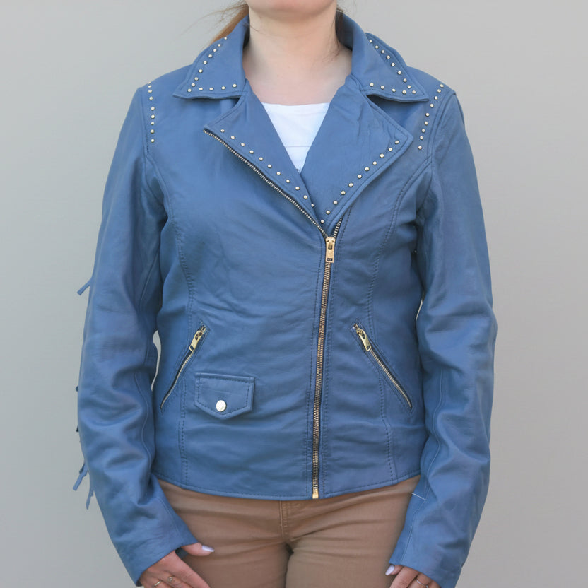 Women's Studded Leather Jacket with Removable Fringe-6
