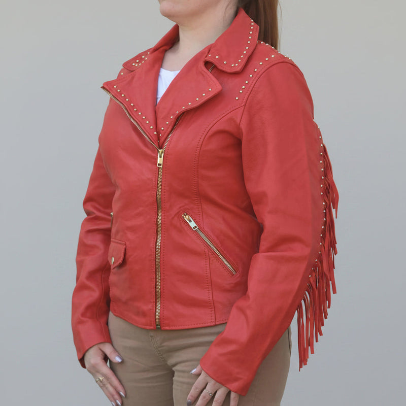 Women's Studded Leather Jacket with Removable Fringe-9