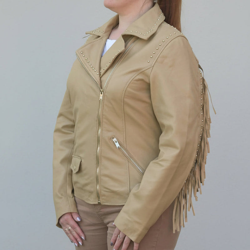 Women's Studded Leather Jacket with Removable Fringe-12