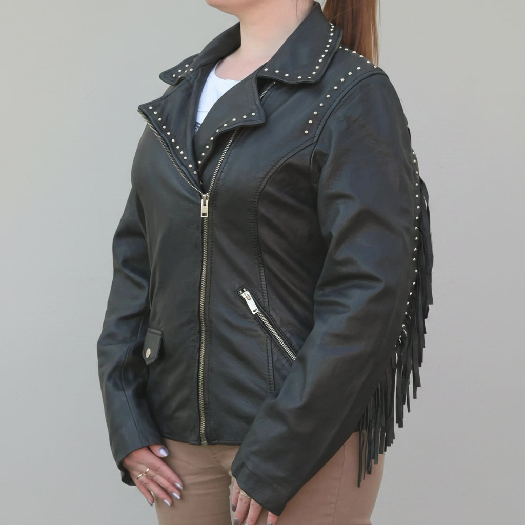 Women's Studded Leather Jacket with Removable Fringe-13