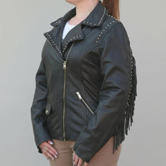Women's Studded Leather Jacket with Removable Fringe-13