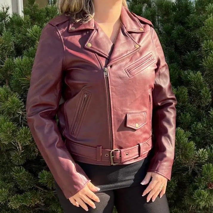 Women's Lamb Leather Biker Style Jacket with Belt-8