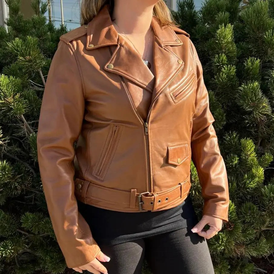 Women's Lamb Leather Biker Style Jacket with Belt-1