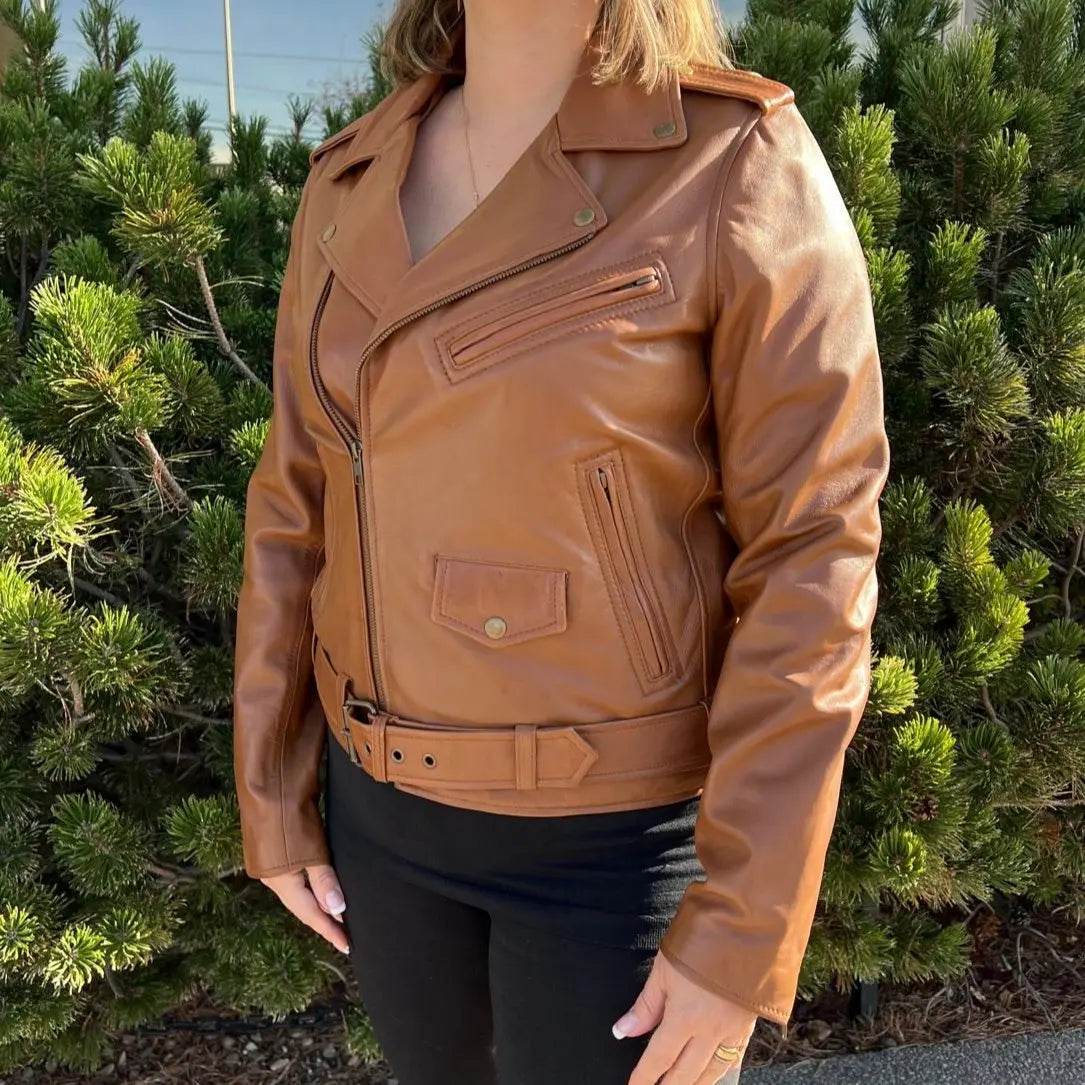 Women's Lamb Leather Biker Style Jacket with Belt-3