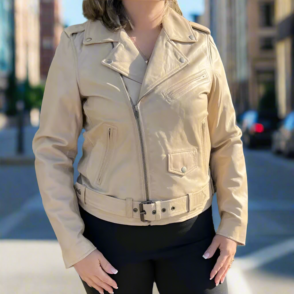 Women's Lamb Leather Biker Style Jacket with Belt-4