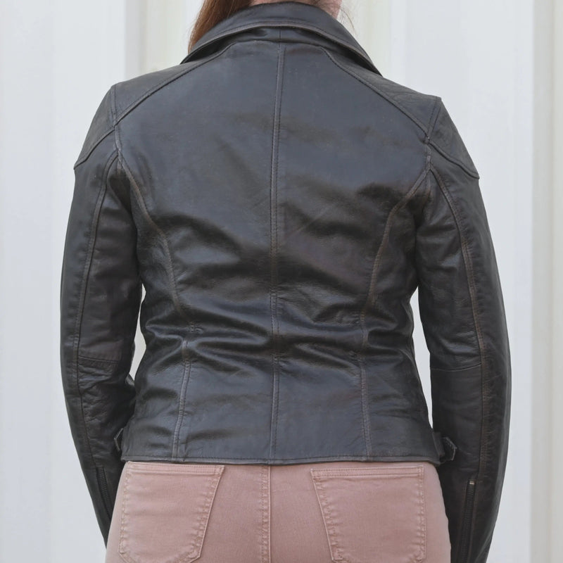 Women's Biker Look Rub-Off Leather Jacket | Distressed Finish-2