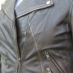 Women's Biker Look Rub-Off Leather Jacket | Distressed Finish-4