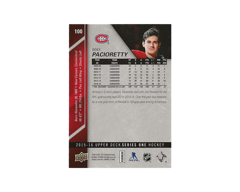 Max Pacioretty Autographed 2015-16 Upper Deck Series 1 #100 Hockey Card-2