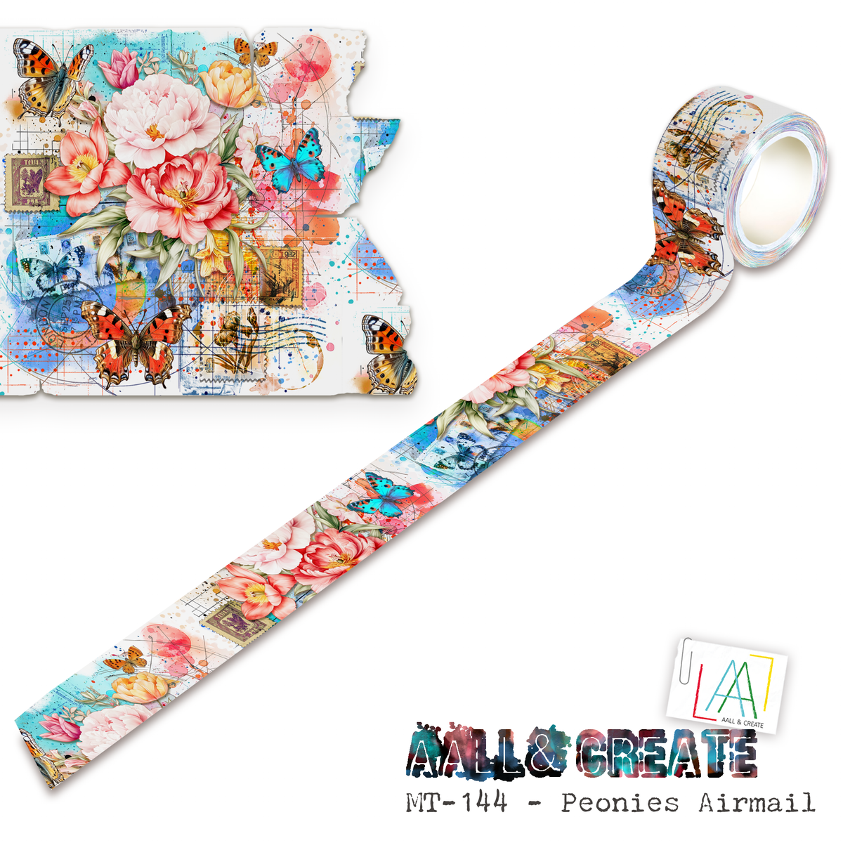 AALL and Create - Washi Tape 25mm x 10m - Peonies Airmail (Layer-It-Up!)-1