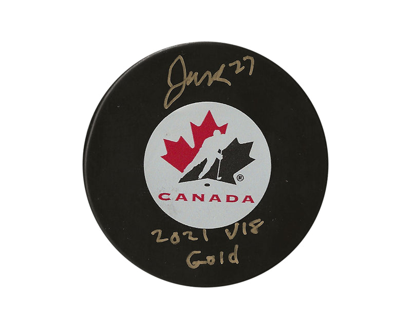 Jack Matier Autographed Team Canada Autograph Model Puck Inscribed "2021 U18 Gold"-1