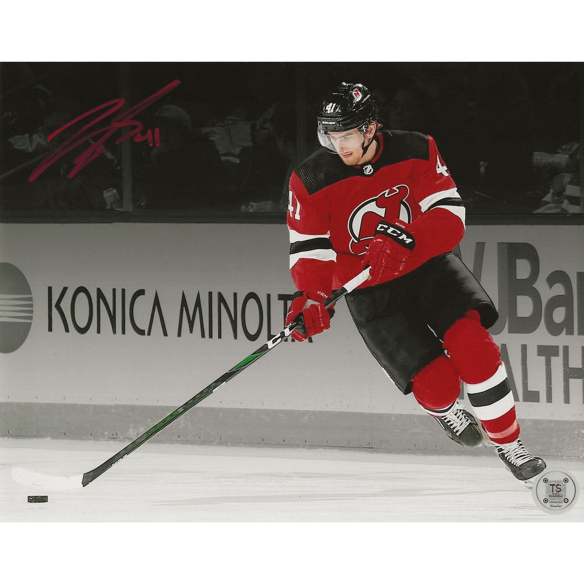 Michael McLeod Autographed New Jersey Devils Spotlight Skating w/ Puck 8x10 Photo-1