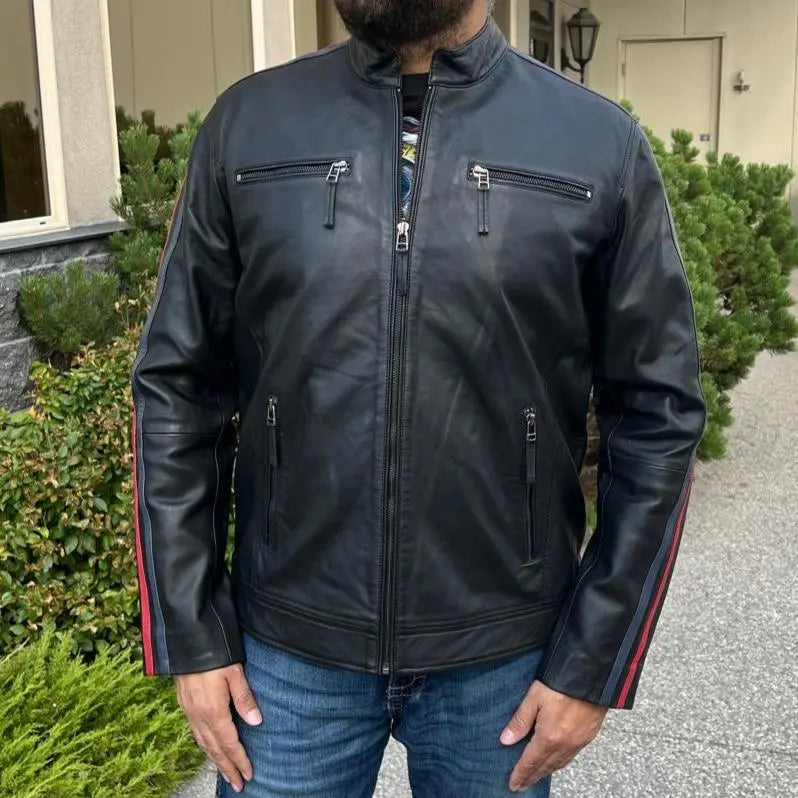 Men's Lamb Leather Jacket with Stripes-1