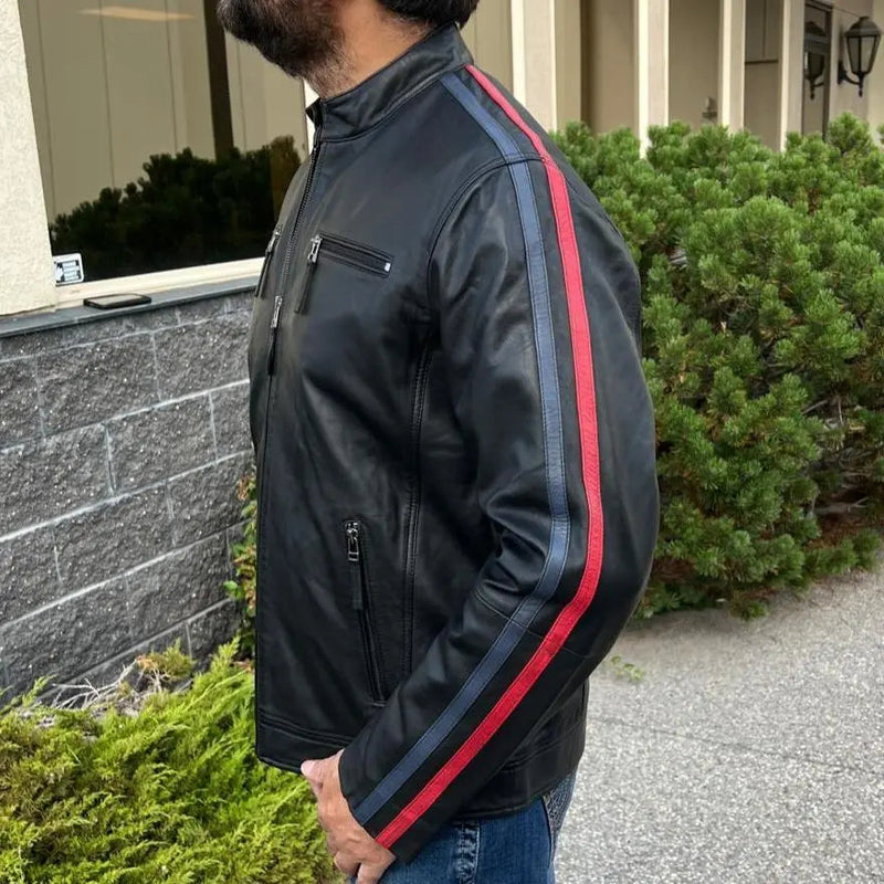 Men's Lamb Leather Jacket with Stripes-3