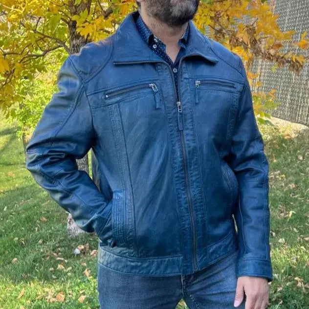 Men's Lamb Leather Jacket with Two Zipper Chest Pockets-1