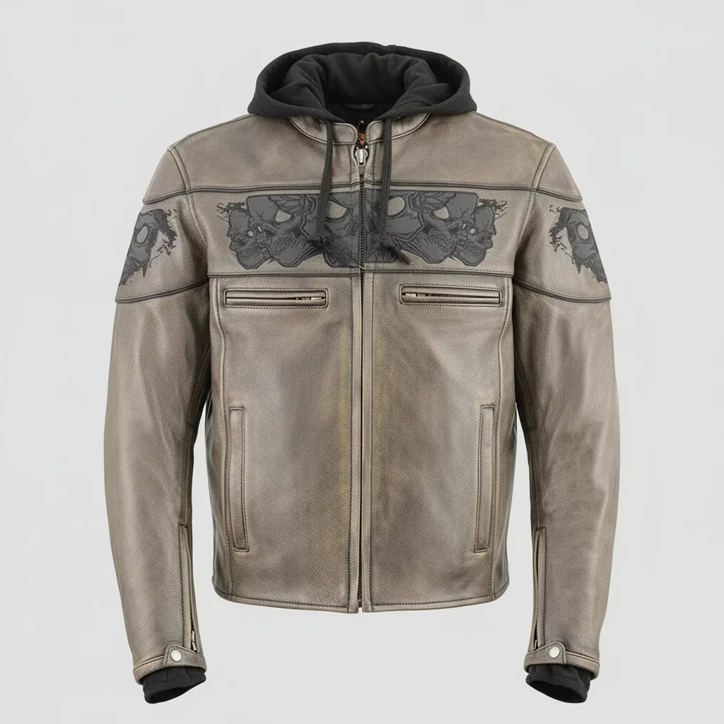 Milwaukee Leather Men's Crossover Scooter Jacket w/ Reflective Skulls & Full Sleeve Removable Hoodie-1