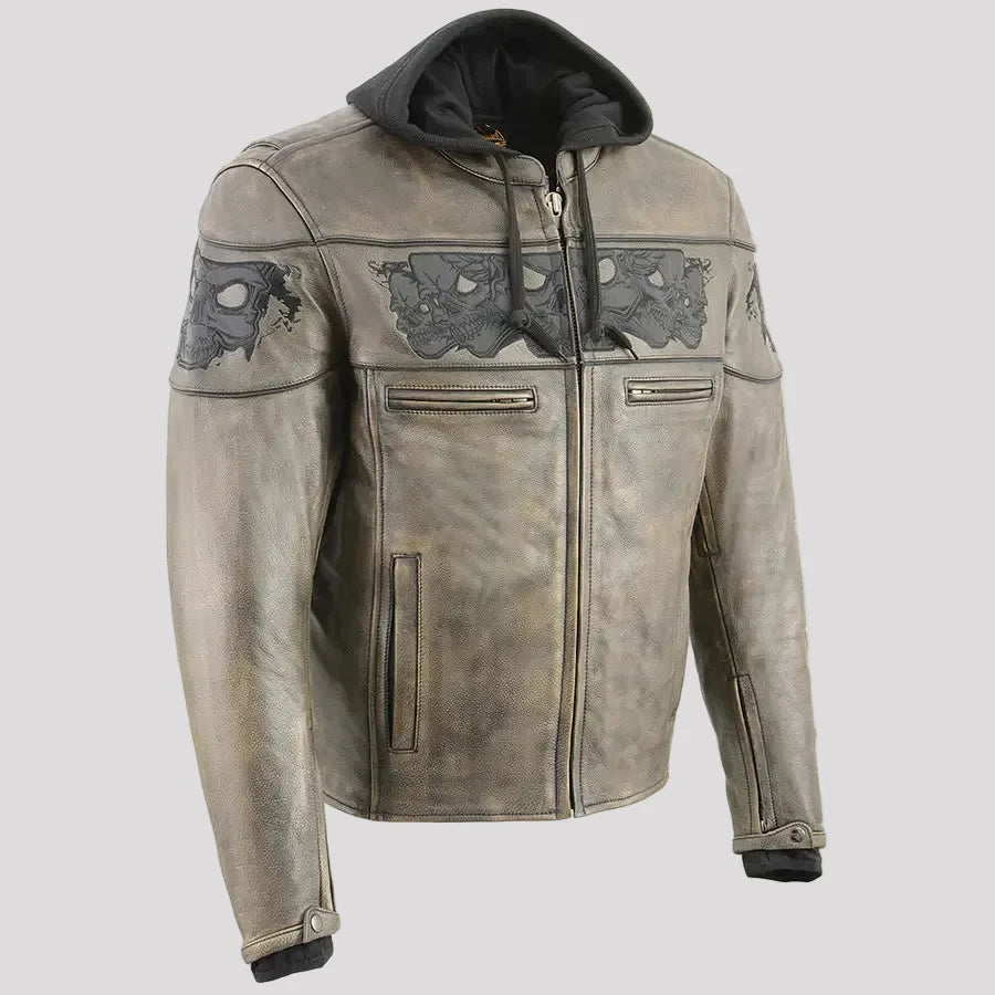 Milwaukee Leather Men's Crossover Scooter Jacket w/ Reflective Skulls & Full Sleeve Removable Hoodie-4
