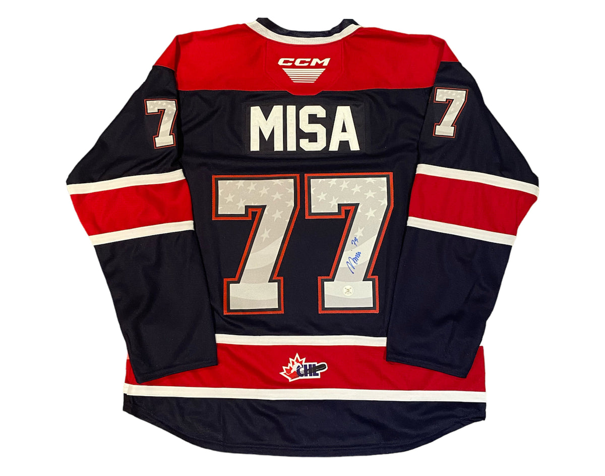 Michael Misa Autographed Saginaw Spirit Home Blue CCM Replica Jersey-1