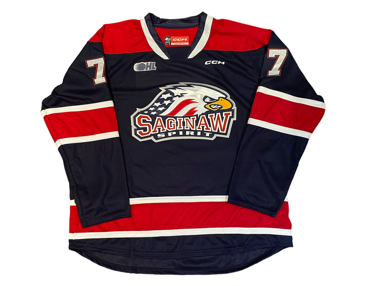 Michael Misa Autographed Saginaw Spirit Home Blue CCM Replica Jersey-3