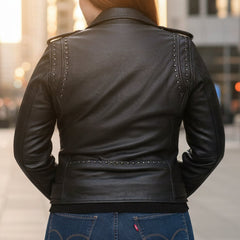 BOL Women’s Nova Leather Moto Jacket. Shadow Chrome Studded Biker Jacket with Waist Belt-2