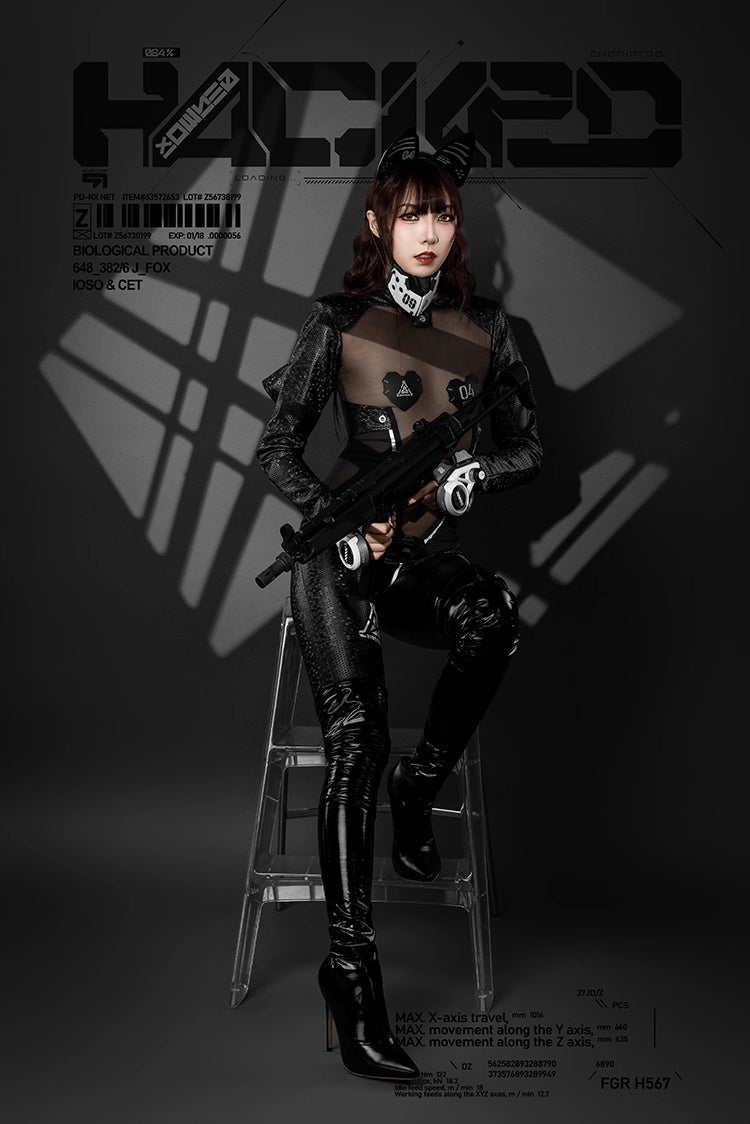 Tactical Anime Girl PU Leather Sheer Mesh Sexy Open Crotch Cosplay Full Bodysuit Costume-7