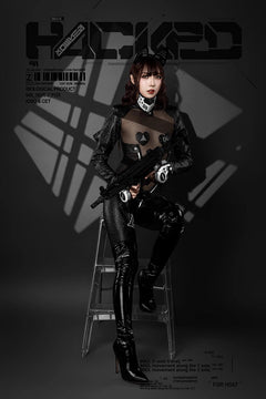 Tactical Anime Girl PU Leather Sheer Mesh Sexy Open Crotch Cosplay Full Bodysuit Costume-7