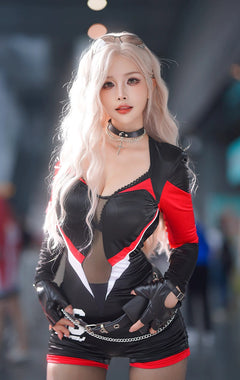 Black and Red One-Piece Spandex Race Queen Bodysuit Cotume with Sheer Mesh-25