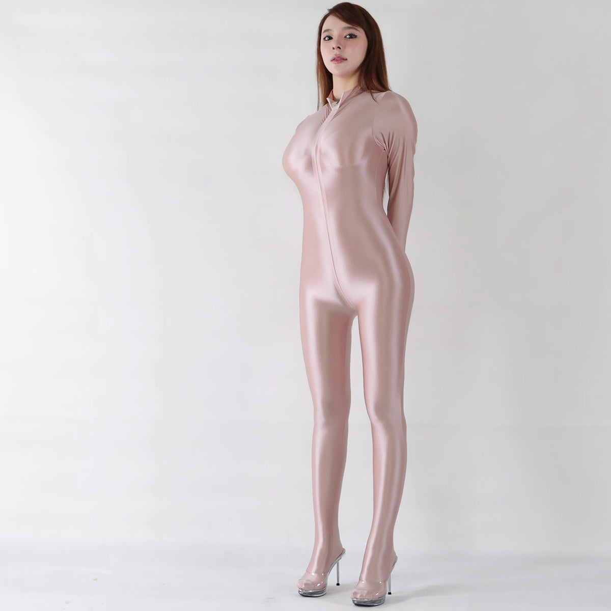 Extra Long Front Triple-Zipper Spandex Nylon Full Bodysuit Zentai Shinny Jumpsuit-15