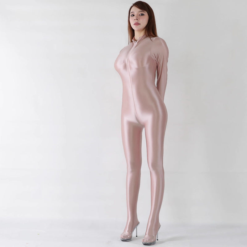 Extra Long Front Triple-Zipper Spandex Nylon Full Bodysuit Zentai Shinny Jumpsuit-15