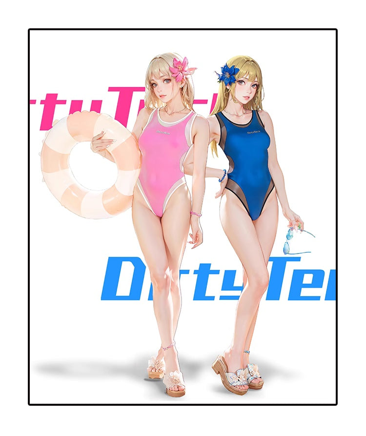 Anime Tropical Style One-piece Swimsuit with Mesh Sheer Overlay Summer Swimwear-2