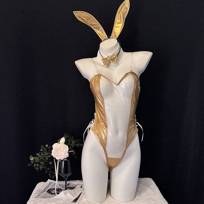 Bunny Girl PU Leather See Through Cosplay Bodysuit Costume Lingerie with Stockings-20