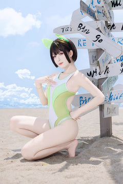 Anime Style One-piece Sexy Racing Swimsuit with Mesh Sheer Dual-color Design-7