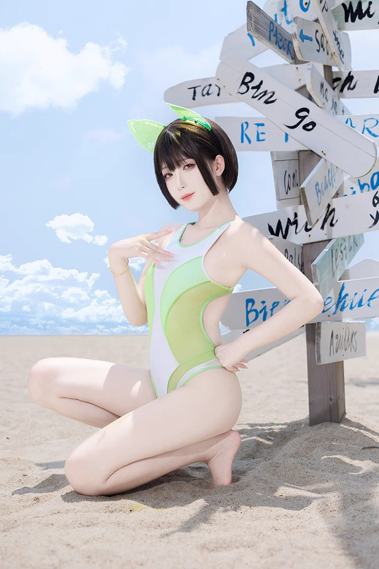 Anime Style One-piece Sexy Racing Swimsuit with Mesh Sheer Dual-color Design-7