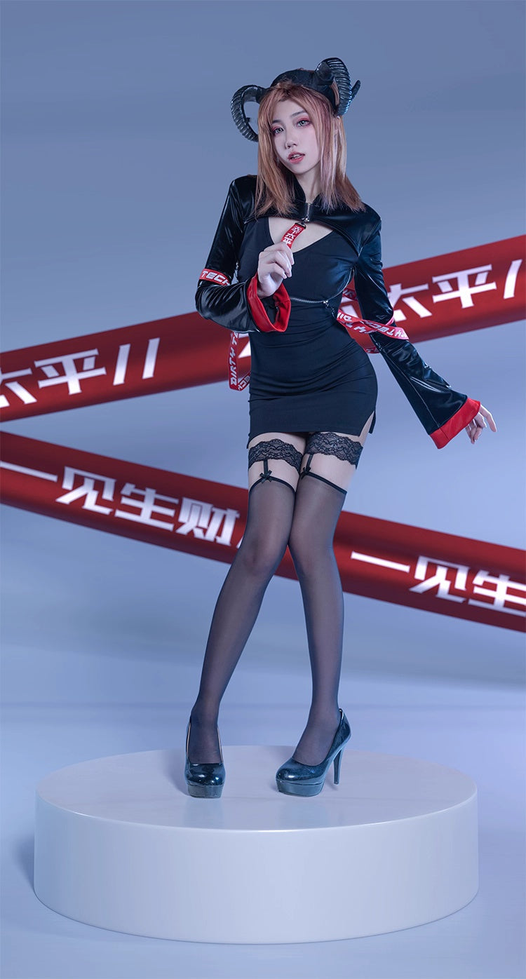 Anime Style Black and White Witch Spandex PU Leather Short Dress with Bust Zipper-3