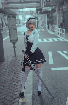 2B Cosplay Dress Halloween Costume Set Anime Sailor Style Costume-8
