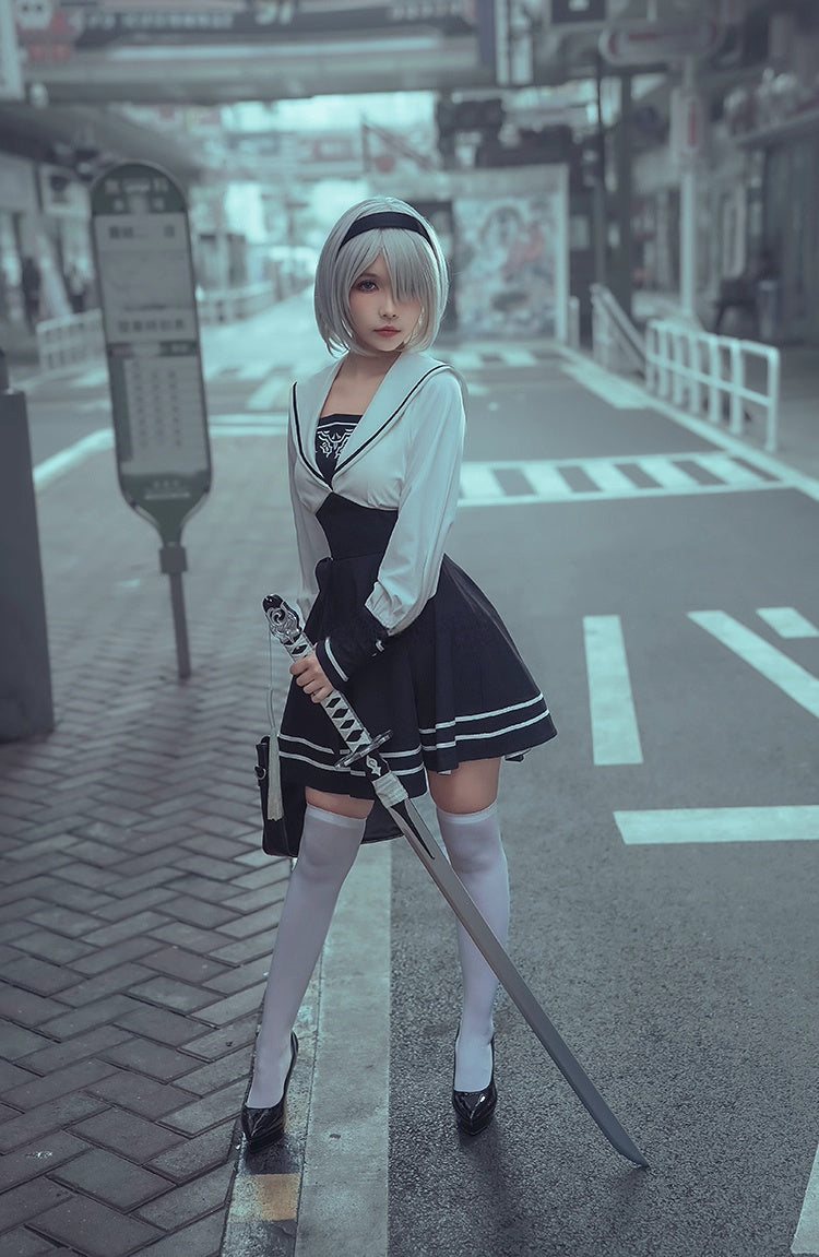 2B Cosplay Dress Halloween Costume Set Anime Sailor Style Costume-8