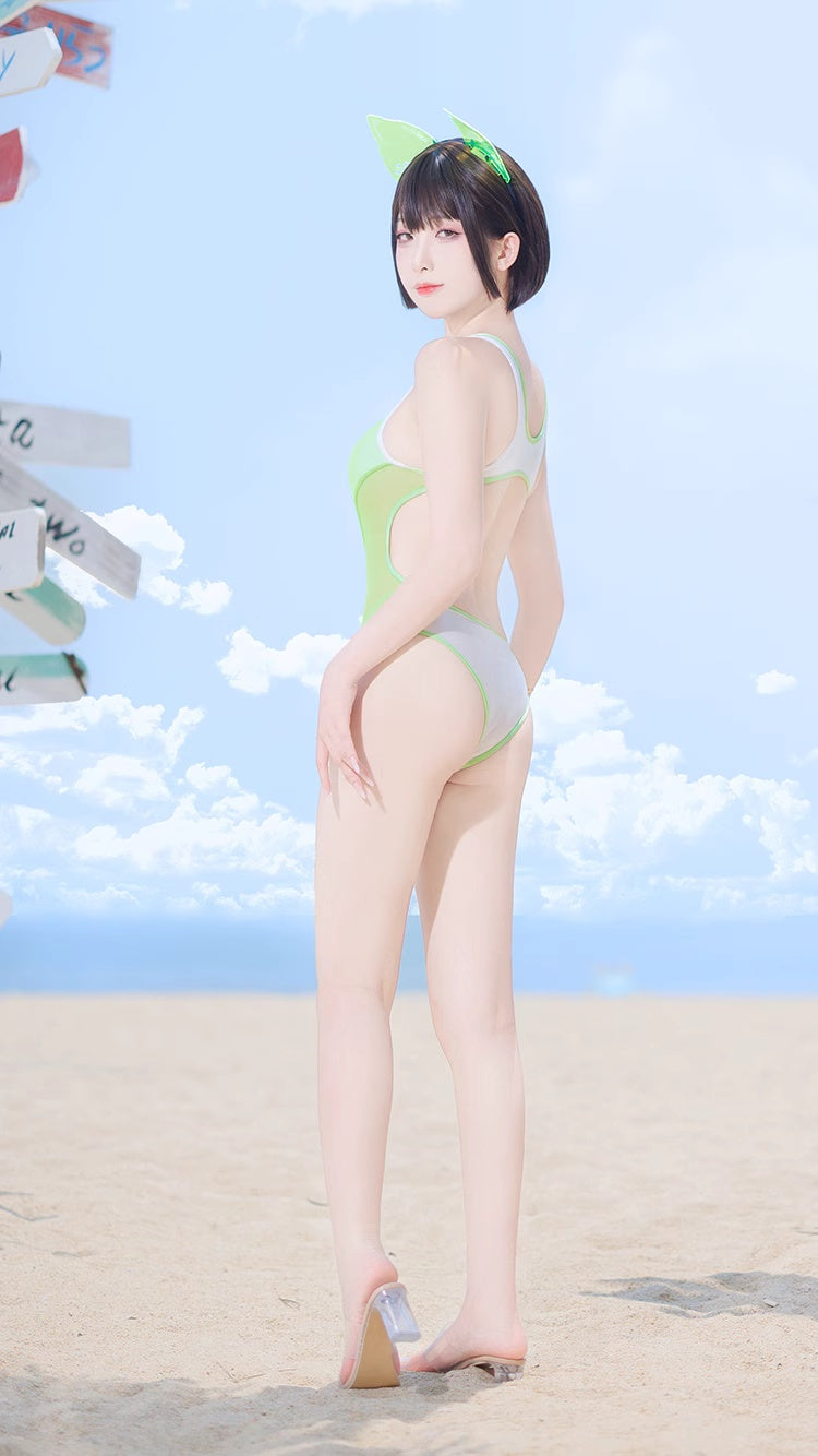 Anime Style One-piece Sexy Racing Swimsuit with Mesh Sheer Dual-color Design-8